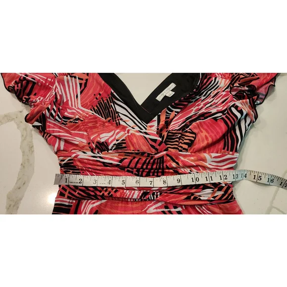 Sandra Darren 14P Petite Tropical Print Wrap Dress Pink Coral V-Neck Flutter - Picture 10 of 12